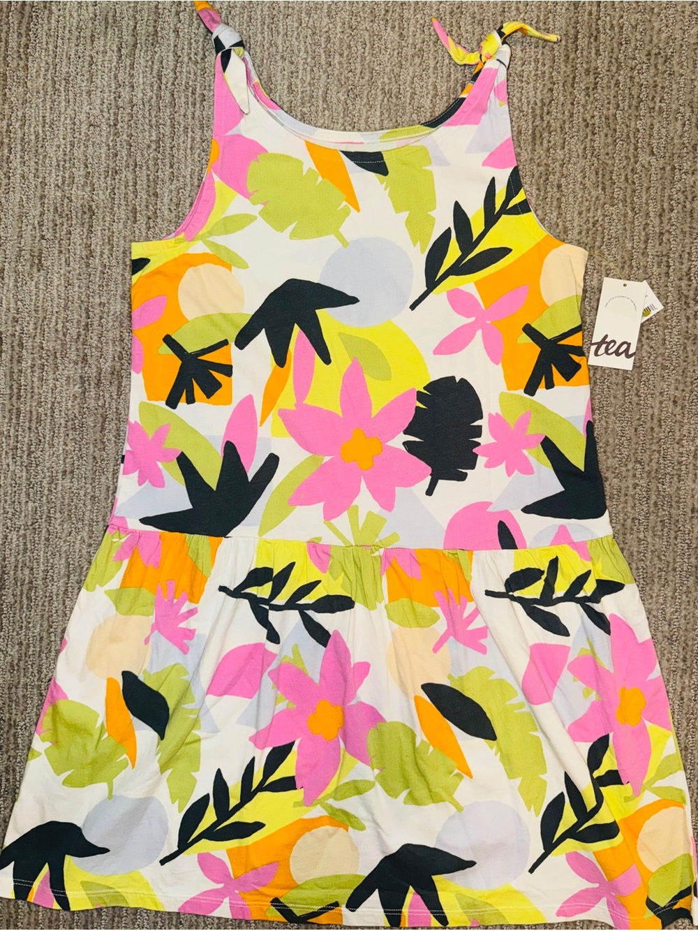 Tea Collection White Dress with Pink, Lime & Yellow Floral Print